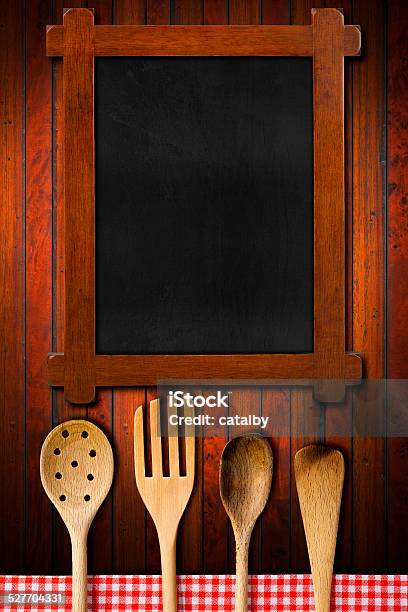 Wooden Blackboard And Kitchen Utensils Stock Photo - Download Image Now - Backgrounds, Black Color, Blank