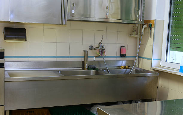 Steel sink and the Workbench in an industrial kitchen in the school canteen