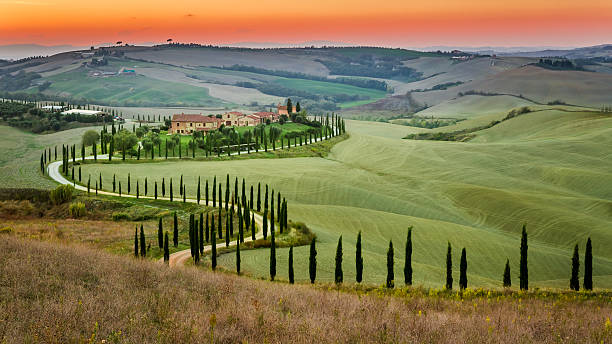 istock Sunset and winding road with cypresses in Tuscany 527707411
