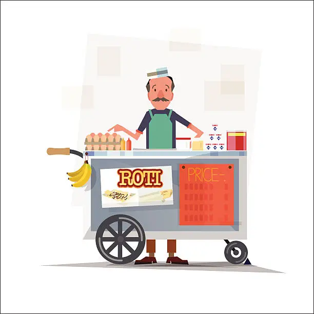 Vector illustration of roti seller with cart - vector illustration