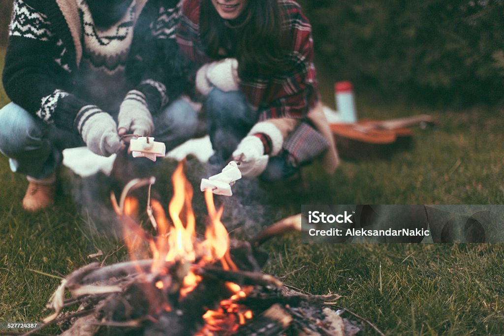 Roasting Marshmallows Portrait of loving couple camping in nature on a winterly day, roasting marshmallows Winter Stock Photo