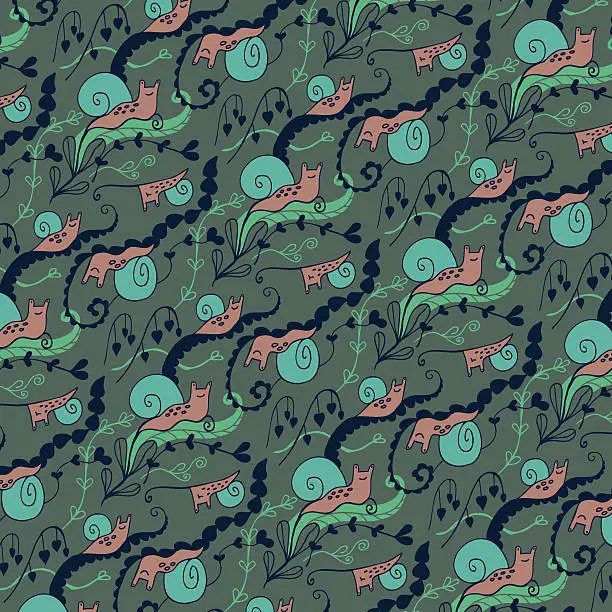 Vector illustration of Wallpaper pattern of happy snails on plants