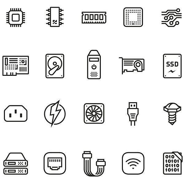 Hardware icon set - Unico PRO 2pt stroke Hardware and computer part icons collection. computer cable stock illustrations