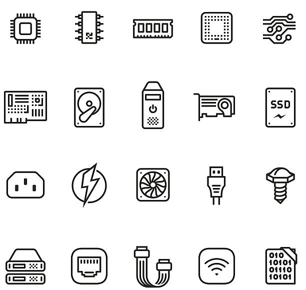 Hardware icon set - Unico PRO 2pt stroke Hardware and computer part icons collection. electrical outlet white background stock illustrations