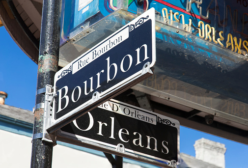 Street sign for the world famous Bourbon Street in the French Quarter in New Orleans famous for its party atmosphere