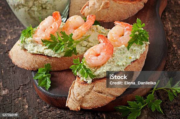 Bruschetta With A Paste Of Green Peas And Shrimps Stock Photo - Download Image Now - Appetizer, Bread, Breakfast