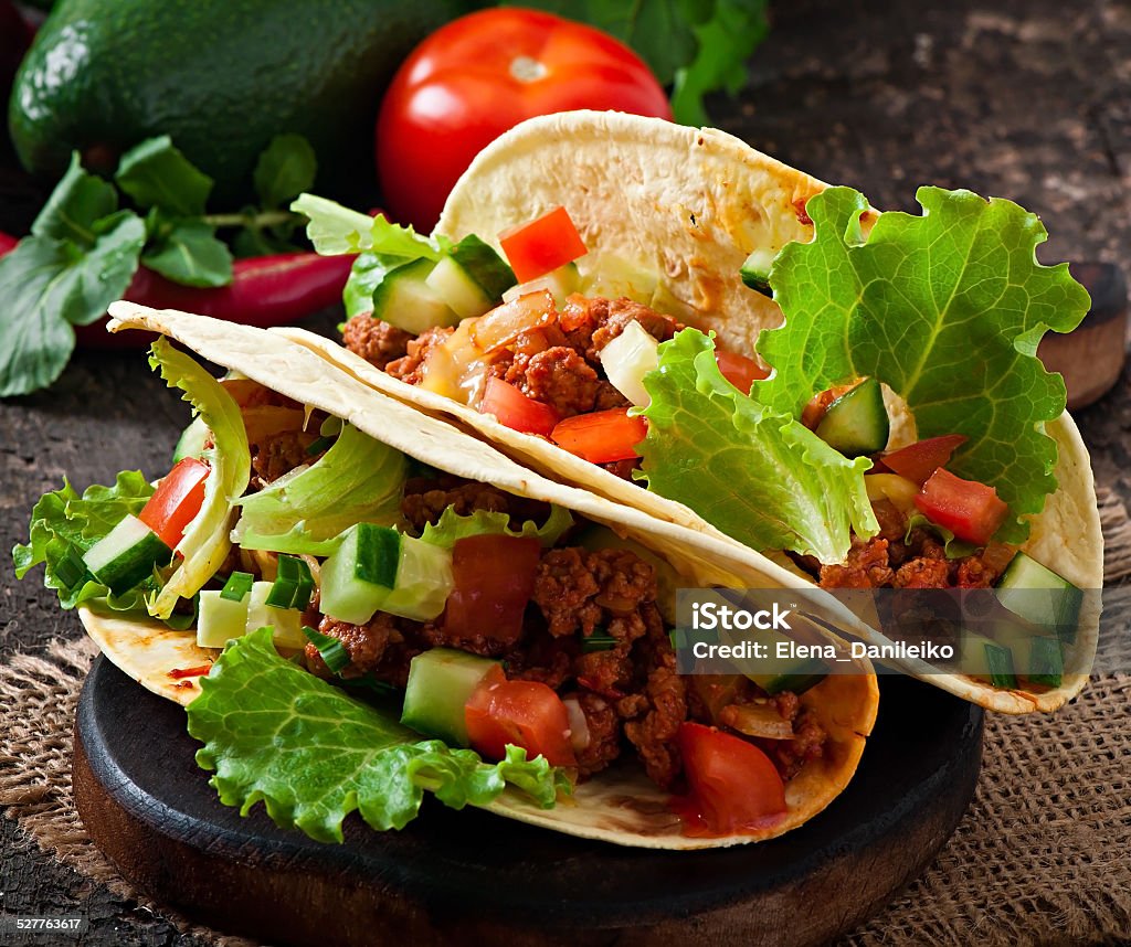 Mexican tacos with meat, vegetables and cheese Beef Stock Photo