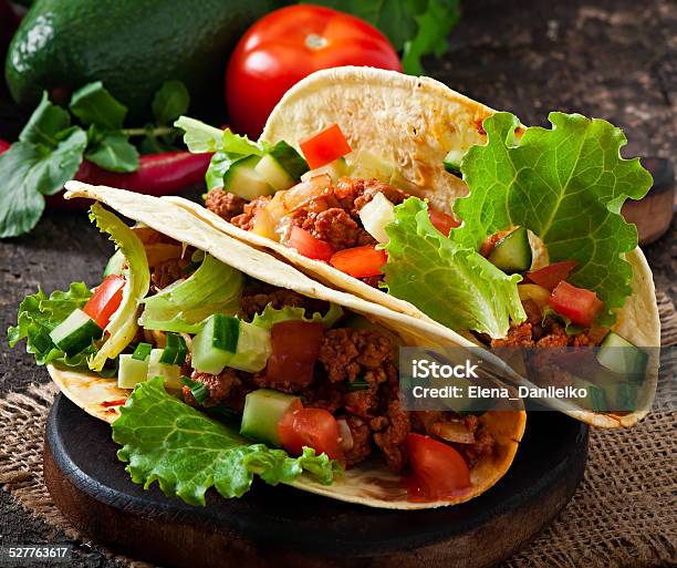 Mexican Tacos With Meat Vegetables And Cheese Stock Photo - Download Image Now - Beef, Cheddar Cheese, Cheese