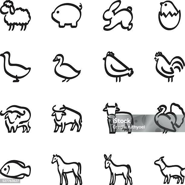 Calligraphic Farm Animals Icons Stock Illustration - Download Image Now - Icon Symbol, Duck Meat, Black And White