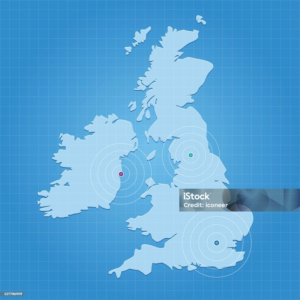 United Kingdom map on blue background with markers A United Kingdom map on blue background with markers. Hires JPEG (5000 x 5000 pixels) and EPS10 file included. Beige stock vector