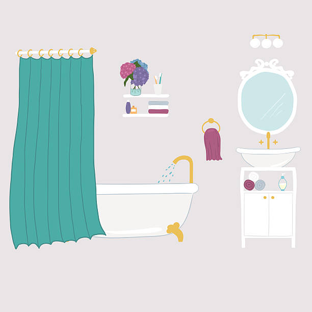 ilustrações, clipart, desenhos animados e ícones de banheiro interior elementos - sink toilet bathtub installing