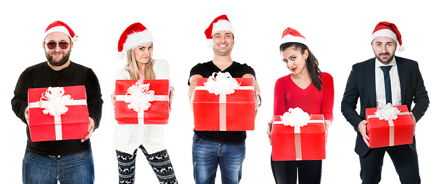 Mixed Race Characters Smiling with Christmas Hats Holding Gift Boxes. They are giving you a presents for christmas.