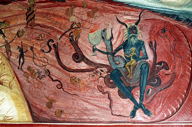 malvagità e inferno in un murale in monastero tismana rumeno - screaming men shouting tortured foto e immagini stock