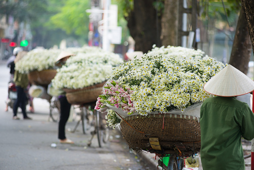Hanoi, Vietnam - November 23, 2014: Daisy flower street vendor in Hanoi