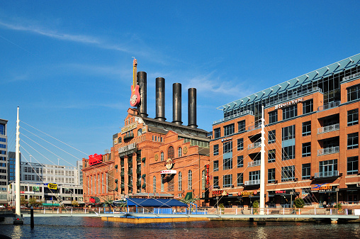 Baltimore, Maryland, USA - November 2, 2011: urban renovated area around Dugan's Wharf , the old Power Station area is now home to commerce, leisure and office spaces