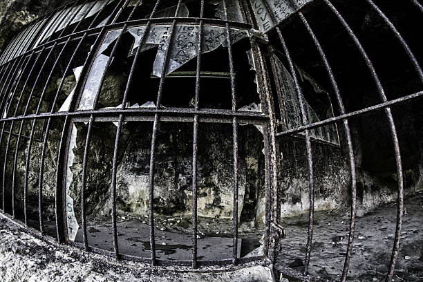istock Trapped love, broken window in heart shape inside prison bars 527816209