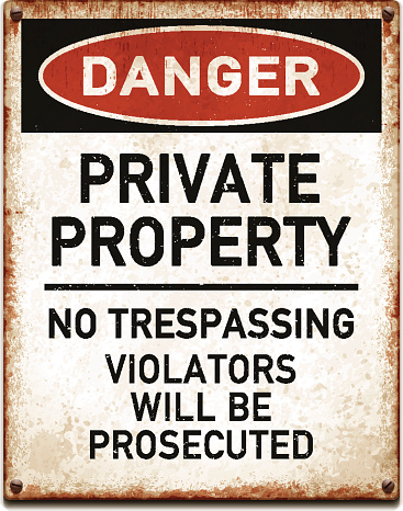 Vintage metal danger sign with private property warning. Grunge square placard with rusty stains, four screws and red and black banner reading DANGER. Photorealistic vector illustration isolated on white. Layered EPS10 file with transparencies and global colors. Individual elements and textures. Related images linked below.