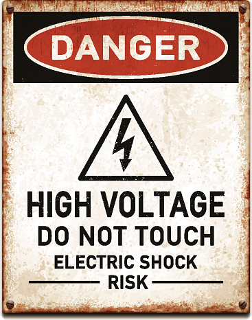 Vintage metal danger sign with high voltage warning. Grunge square placard with rusty stains, four screws and red and black banner reading DANGER. Photorealistic vector illustration isolated on white. Layered EPS10 file with transparencies and global colors. Individual elements and textures. Related images linked below.
