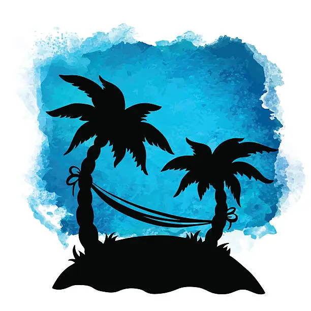 Vector illustration of Watercolor, palm trees, hammock