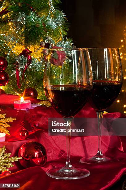 Wine And Decorations For Christmas Stock Photo - Download Image Now - Alcohol - Drink, Anniversary, Bar - Drink Establishment