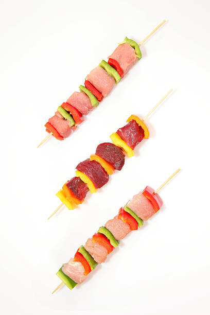 istock Raw shish kebab skewers on white background 527819505