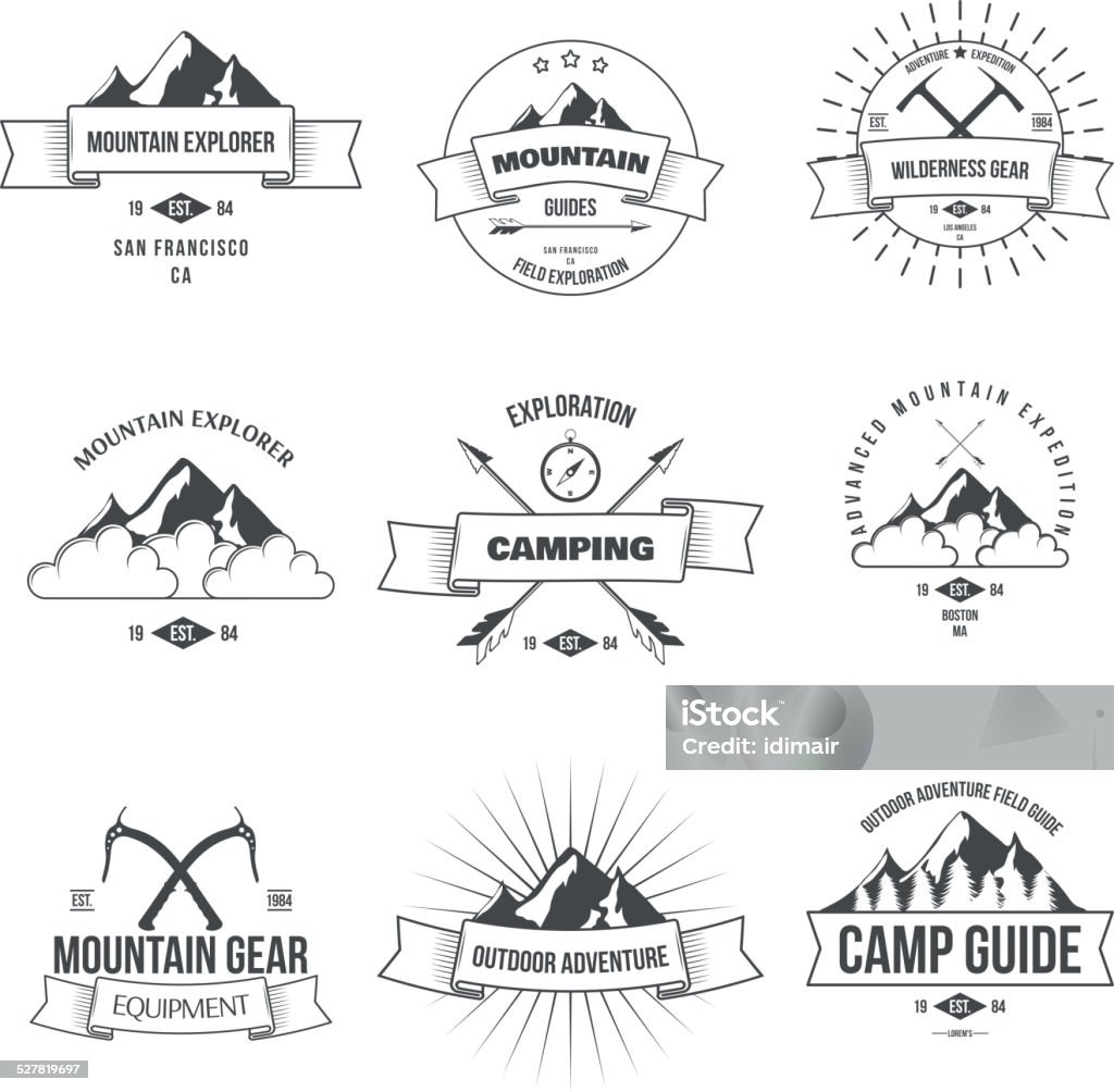 Camping mountain adventure hiking explorer equipment labels set isolated vector Camping mountain adventure hiking explorer equipment labels set isolated vector illustration Adventure stock vector