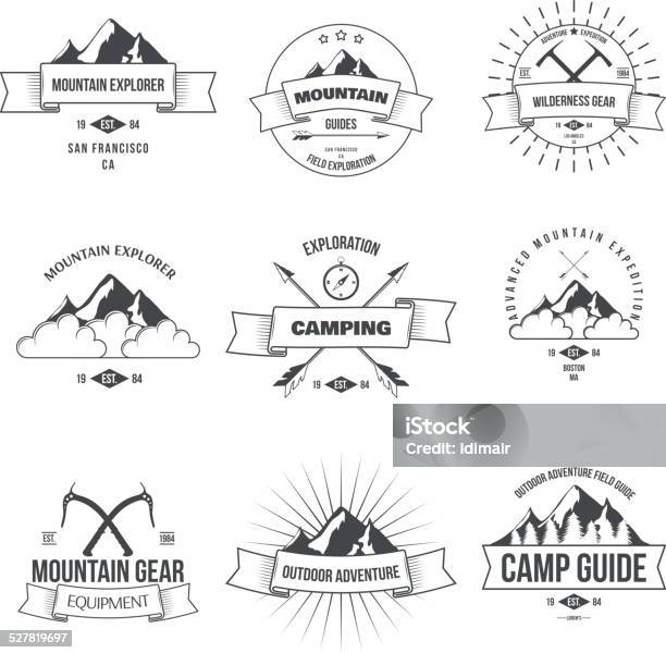 Camping Mountain Adventure Hiking Explorer Equipment Labels Set Isolated Vector Stock Illustration - Download Image Now