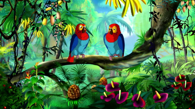 Bunte Ara Papageien sitzen auf einer Bank. Handgemachte Animation