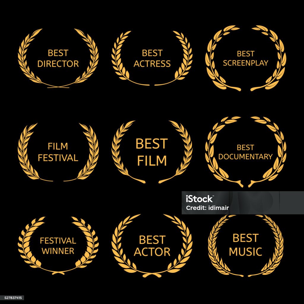 Vector Film Awards, gold award wreaths on black background Film Awards, gold award wreaths on black background Vector Red Carpet Event stock vector