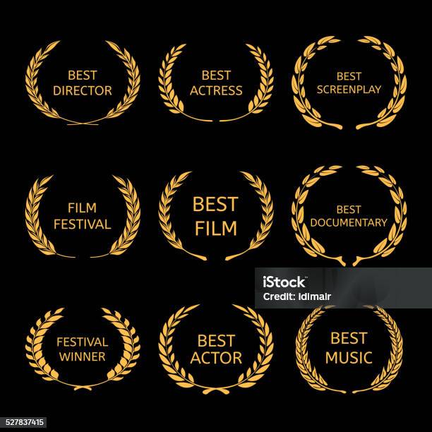 Vector Film Awards Gold Award Wreaths On Black Background Stock Illustration - Download Image Now