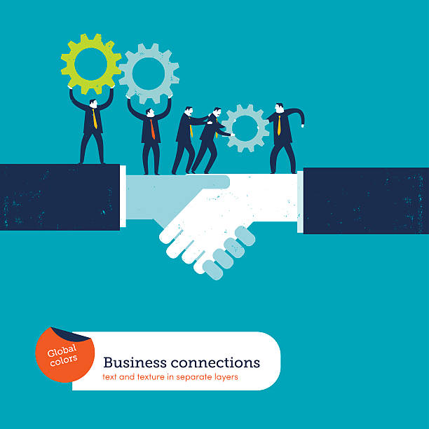 Shaking hands with two businessmen sharing gears vector art illustration