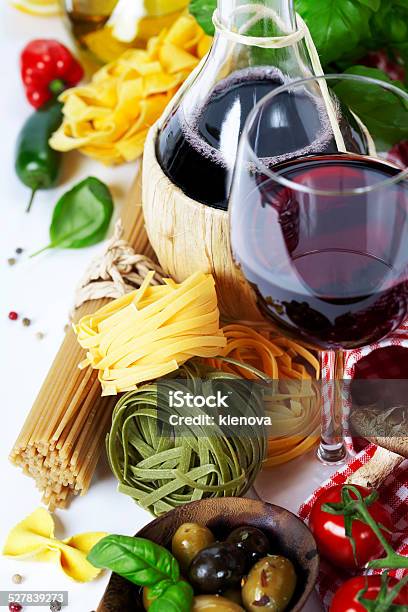 Italian Food And Wine Stock Photo - Download Image Now - Backgrounds, Basil, Bottle