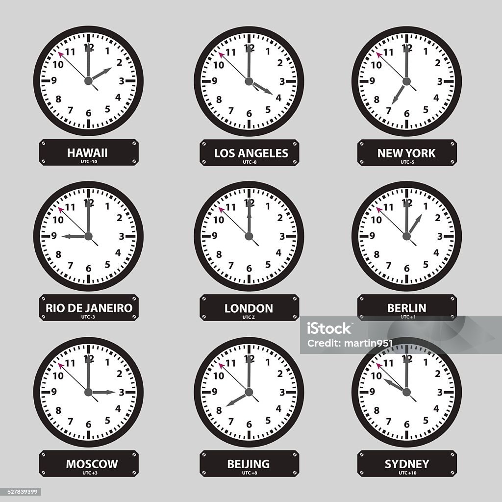 time zones black and white clock set eps10 The Greenwich Meridian stock vector