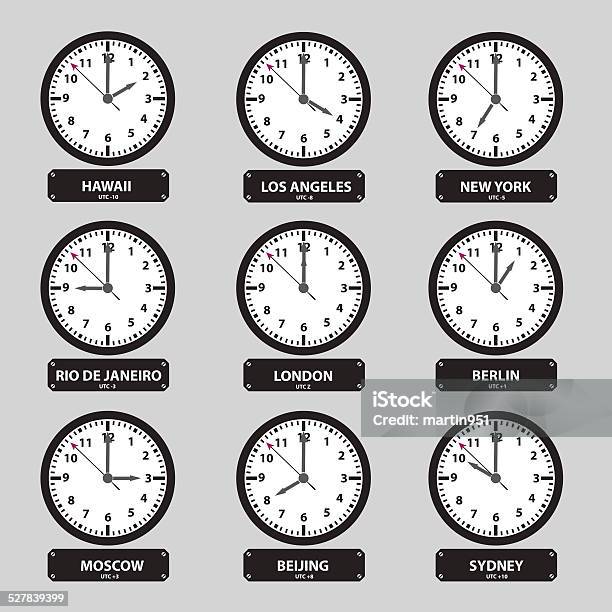 Time Zones Black And White Clock Set Eps10 Stock Illustration - Download Image Now - The Greenwich Meridian, Black Color, Circle