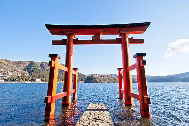 The torii gate which stand on the shore of Lake Ashi, near Mount Fuji in Japan.