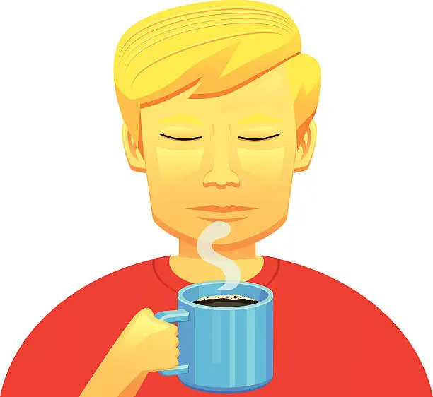 Vector illustration of Man smelling a mug of coffee