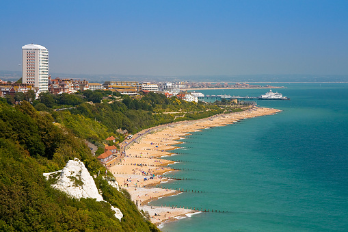 View of Eastbourne from the cliffs of Beachy Head, East Sussex, UK.