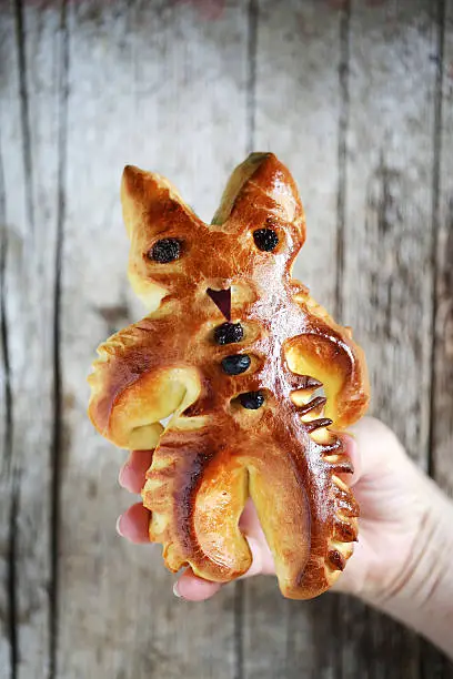 Sweet bread dwarf parkelj or krampus of St.Nicholas, Miklavz or devil with raisins, hand holding, christmas holidays, celebration sweet bread