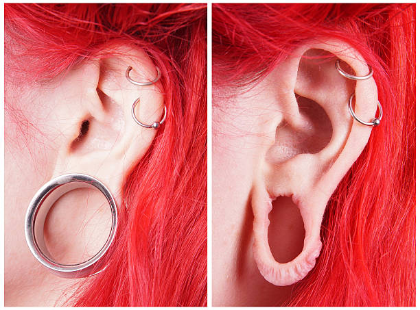 stretched ear lobe piercing stretched ear lobe piercing with and without flesh tunnel Earlobe stock pictures, royalty-free photos & images