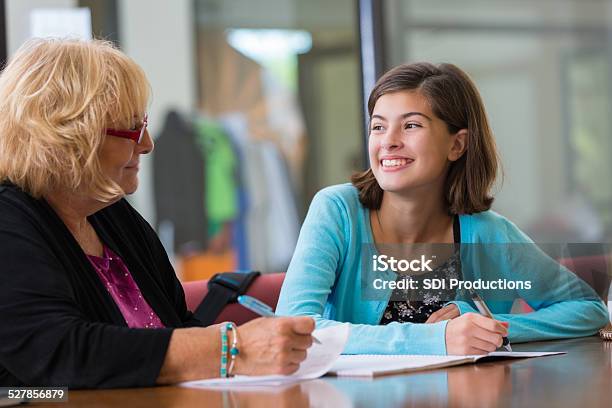 Tutor Explaining Homework Assignment To Preteen Student Stock Photo - Download Image Now