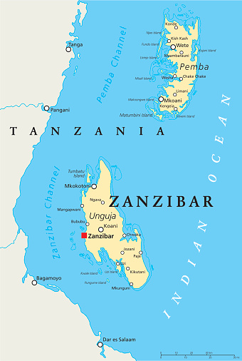 Zanzibar, political map of the semi-autonomous part of Tanzania in East Africa, an archipelago in the Indian Ocean composed of the two islands Unguja and Pemba. English labeling and scaling.