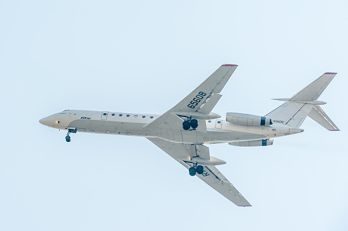 Tyumen, Russia - August 11, 2012: On a visit at UTair airshow in heliport Plehanovo. Flying Tu-134 of utair company