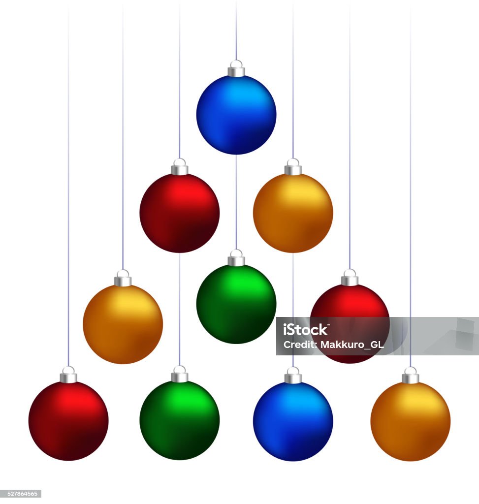 Christmas balls hanging like fir tree Ten multicolored christmas balls hanging like fir tree isolated on white background Blue stock vector