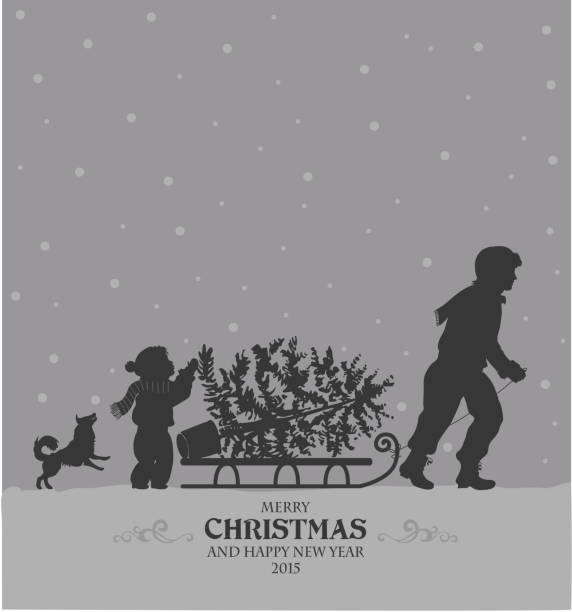 bildbanksillustrationer, clip art samt tecknat material och ikoner med preparing for christmas - children tree christmas silhouette