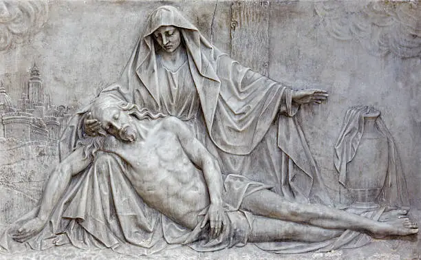 Brussels - The marble relief of Pieta in church Notre Dame aux Riches Claires from end of 19. cent.