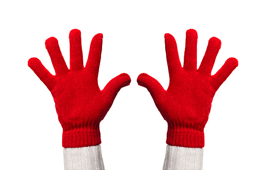 hands with woolen gloves isolated on white background