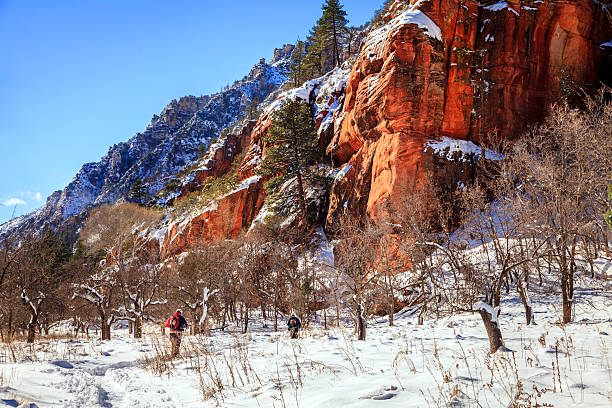 Hikers on West Fork Trail in Oak Creek Canyon near Sedona, Arizona in winter