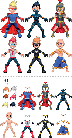 Avatar superheroes vector illustration, isolated objects. All the elements adapt perfectly each others. Larger characters on the top are just examples of various combinations between 5 eyes, 6 hairstyle colors, 6 dresses, on the bottom of the preview.