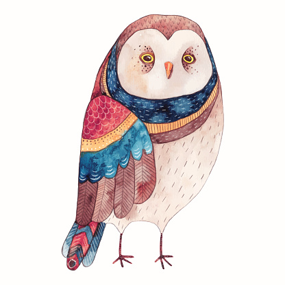 Watercolor funny kids illustration with owl. Hand drawn animal drawing. Owl bird painting. Perfect for t-shirts,cards,prints,postcards.