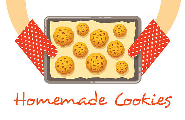 hände halten einer heißen pfanne mit frisch gebackene kekse - plätzchen backen stock-grafiken, -clipart, -cartoons und -symbole